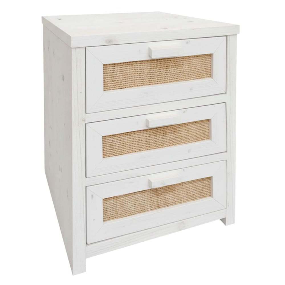 Table de chevet bois fibre naturelle 3 tiroirs blanc vieilli 40cm Table de chevet bois fibre naturelle 3 tiroirs blanc vieilli 40cm