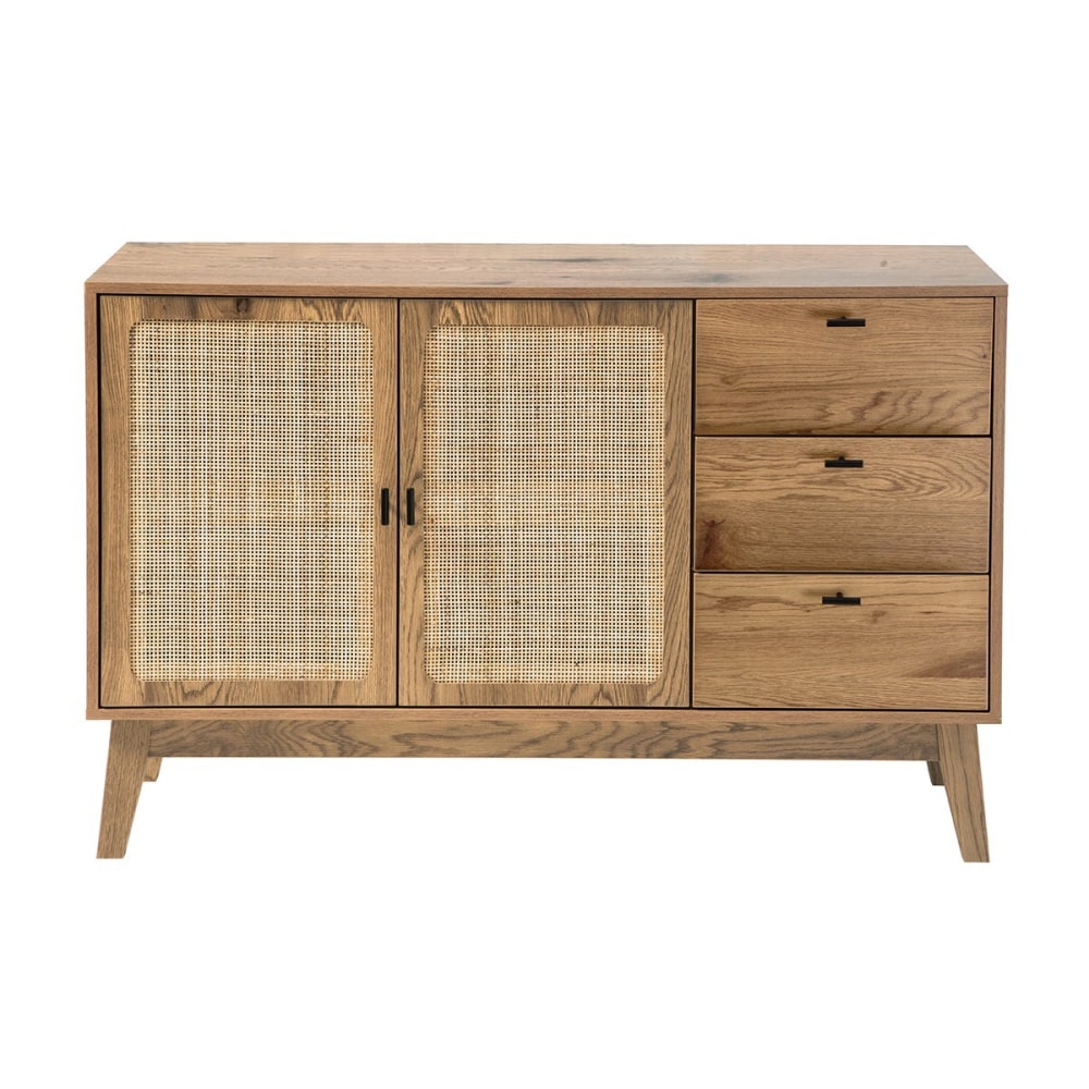 Buffet 2 portes et 3 tiroirs avec façades en rotin l120 cm