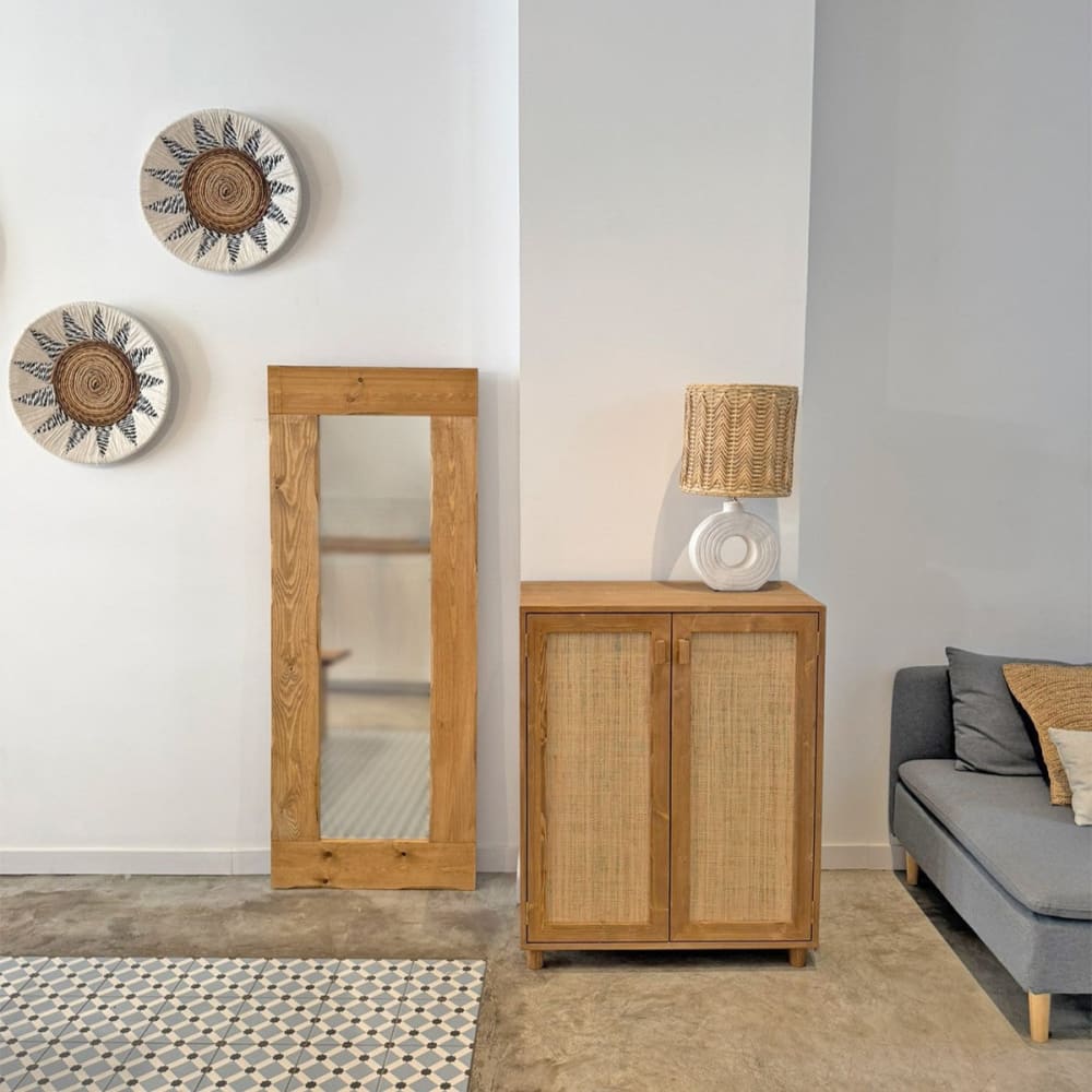 Buffet en bois massif chêne avec portes en raphia 100cm