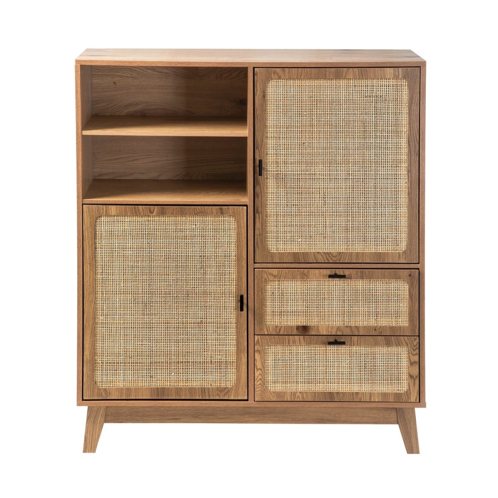 Buffet haut 2 portes 2 tiroirs avec façades en rotin h120 cm