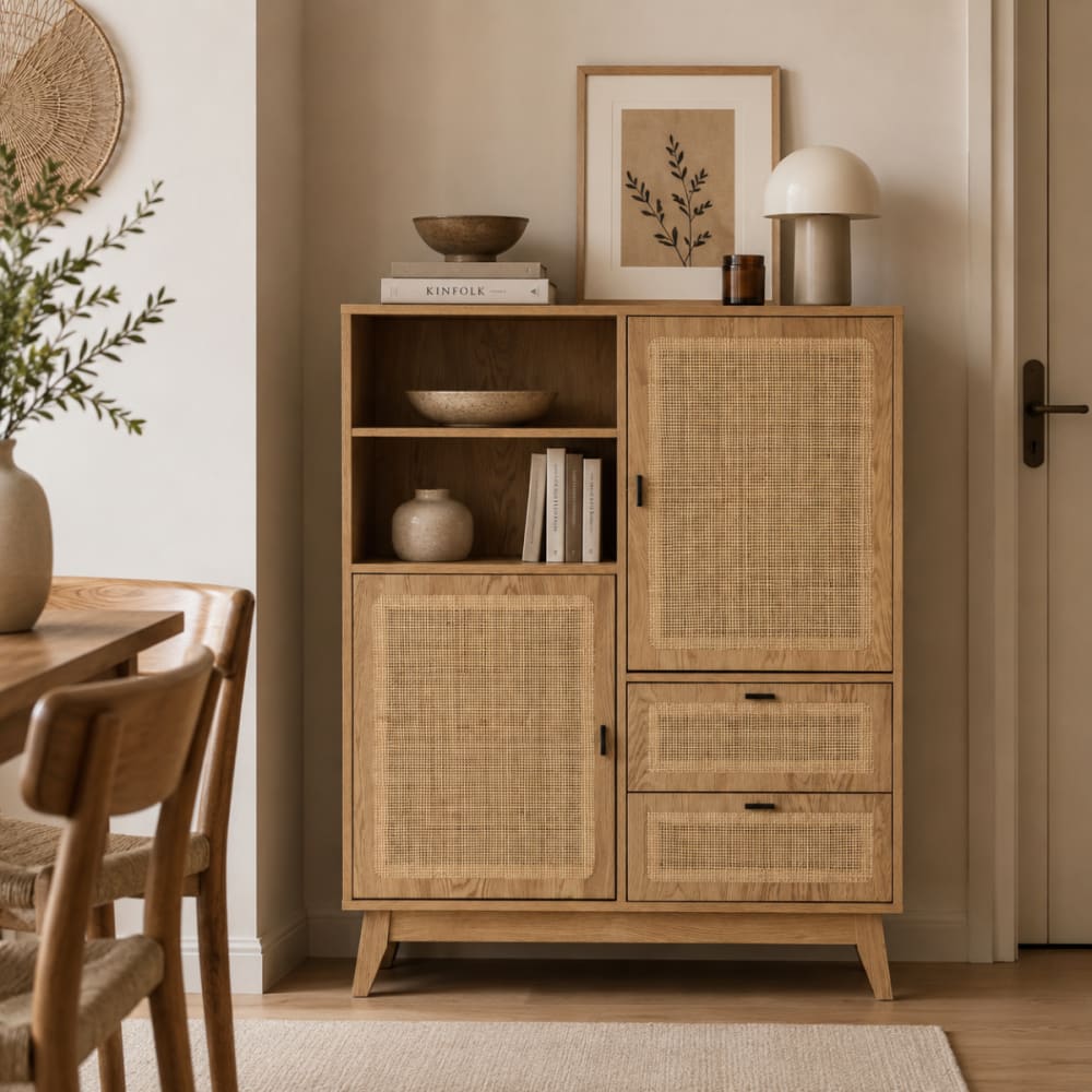 Hohes Anrichte 2 Türen 2 Schubladen mit Rattan-Fronten H120 cm -