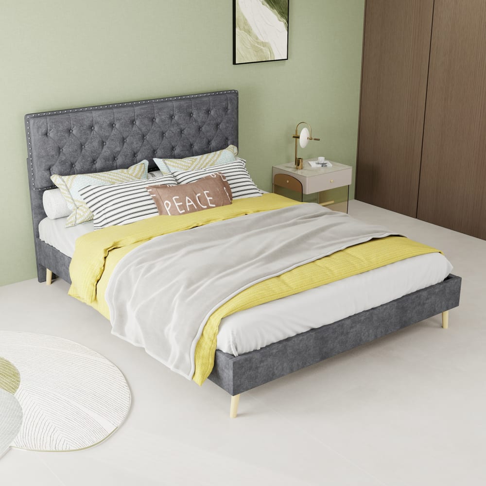Lit tapissier double en lin gris 140x200cm