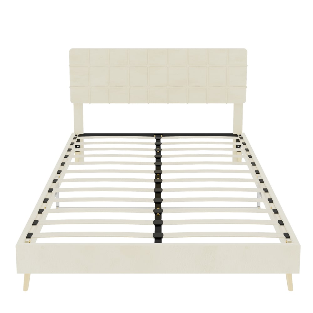 Lit tapissier double en lin beige 140x200cm