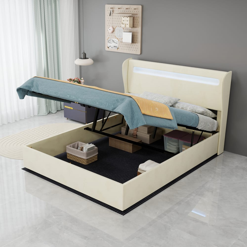 Lit tapissier en lin beige 140x200cm