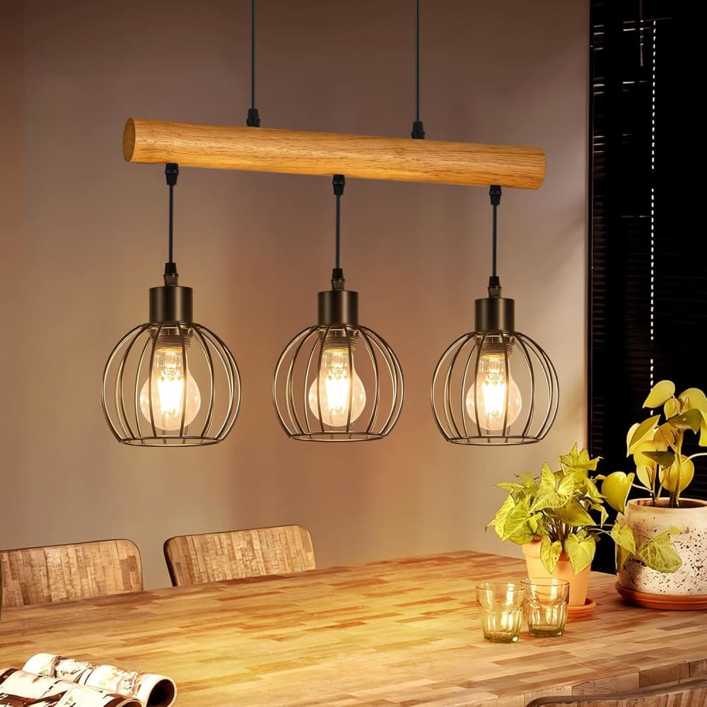 Pendelleuchte, Eisen,Holz, H.160CM, Schwarz,Holzfarben - Maisons