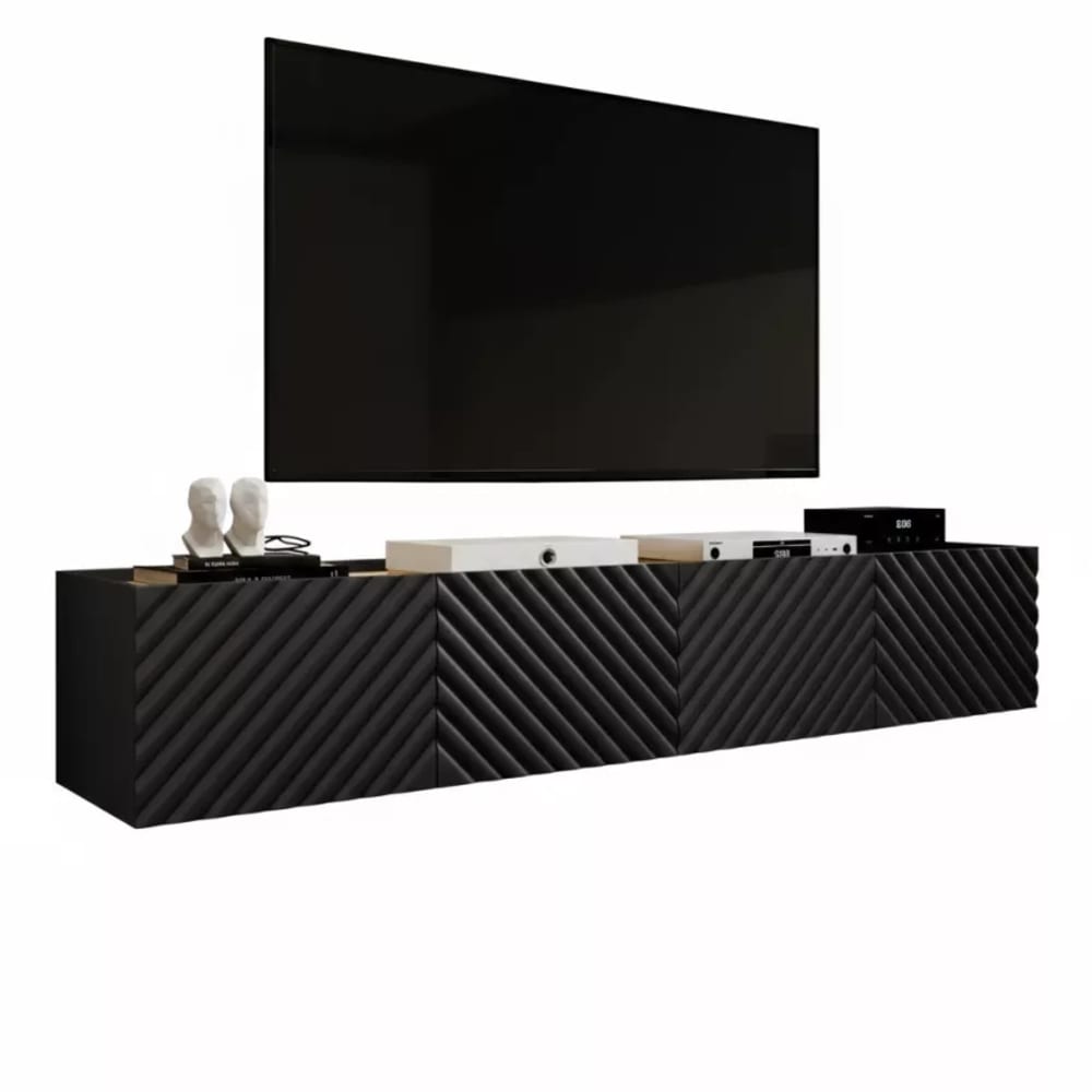 MSO Schwarzer hängender TV-Schrank mit 4 reliefartigen Türen, 200 cm style modern Schwarz Holz