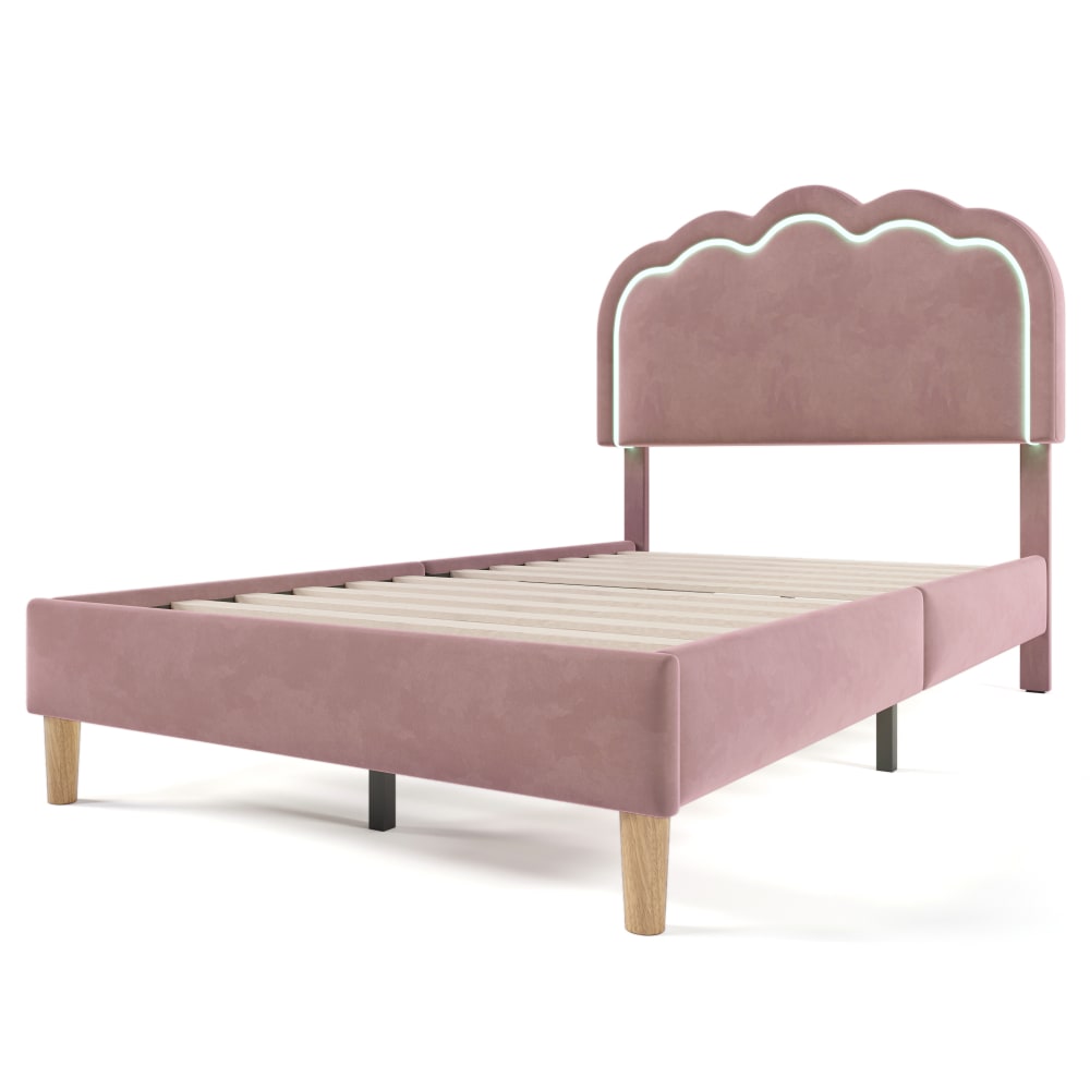 Kinderbett 90x200 rosa Velours, verstellbares LED-Kopfteil -