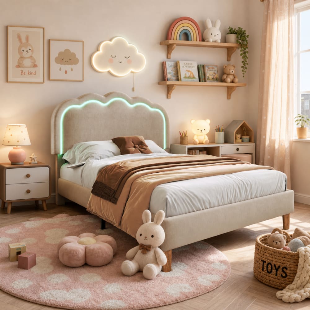 Kinderbett 90x190 beiger Leinen, verstellbares LED-Kopfteil -