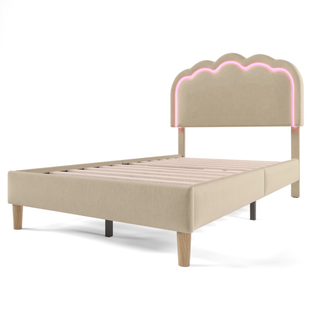 Kinderbett 90x200 beiger Leinen, verstellbares LED-Kopfteil -