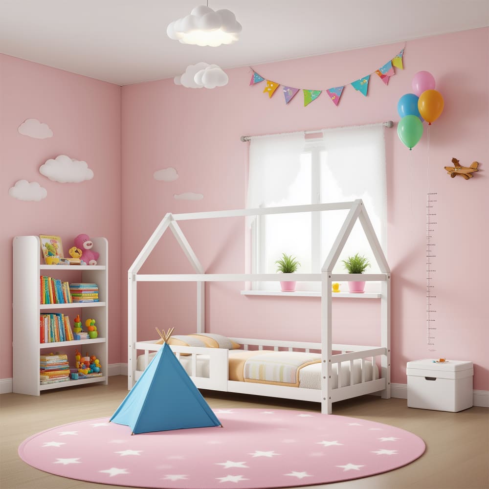 Kinderbett Hausform Holz weiß, nordischer Stil, 90x200 cm -