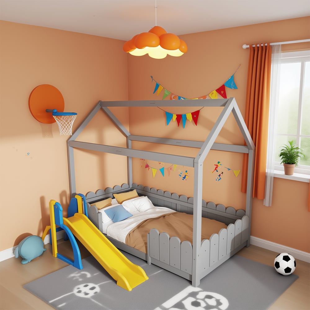 Kinderbett Hausform Massivholz grau, Sicherheitsgeländer, 90x200