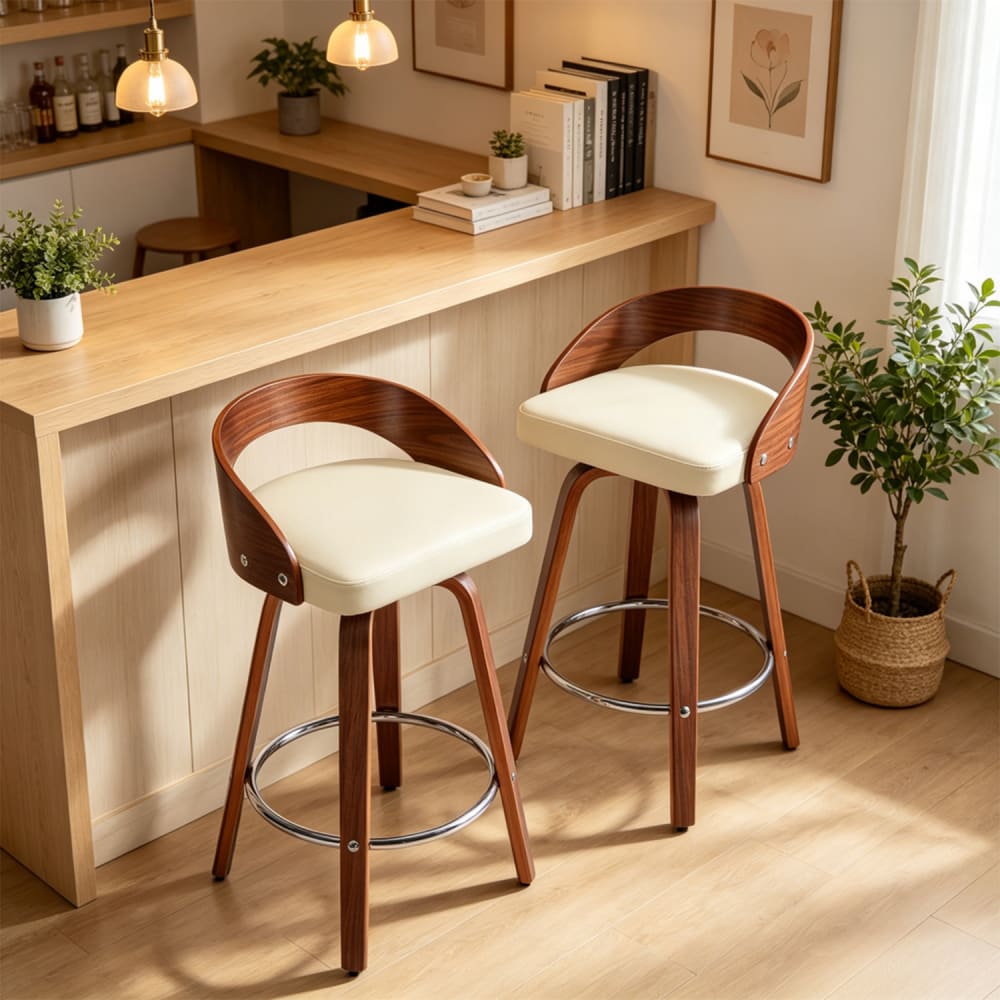 2er-Set Barhocker drehbar, Sitzhöhe 63 cm, Massivholzbeine, beige