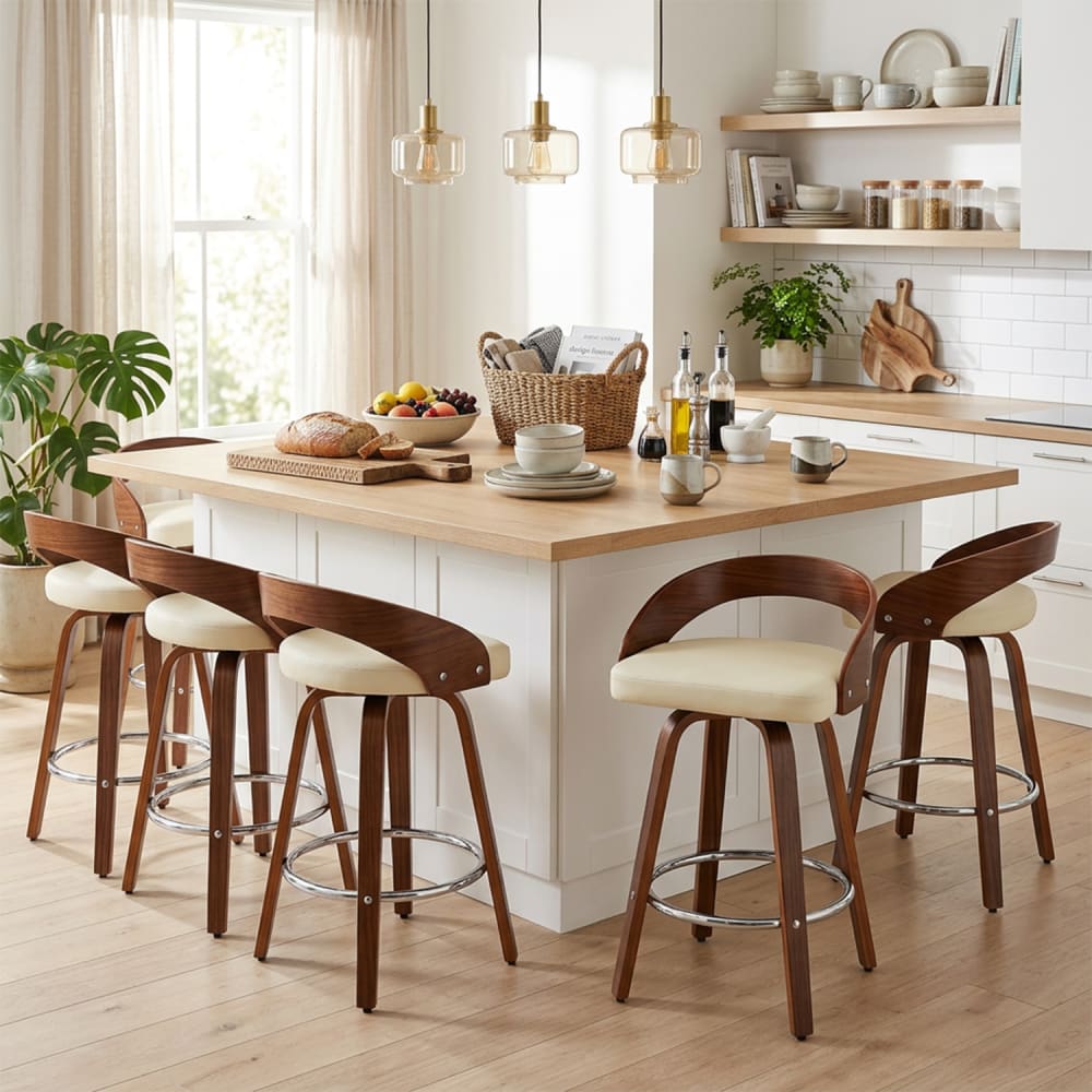 6er-Set Barhocker drehbar, Sitzhöhe 63 cm, Massivholzbeine, beige