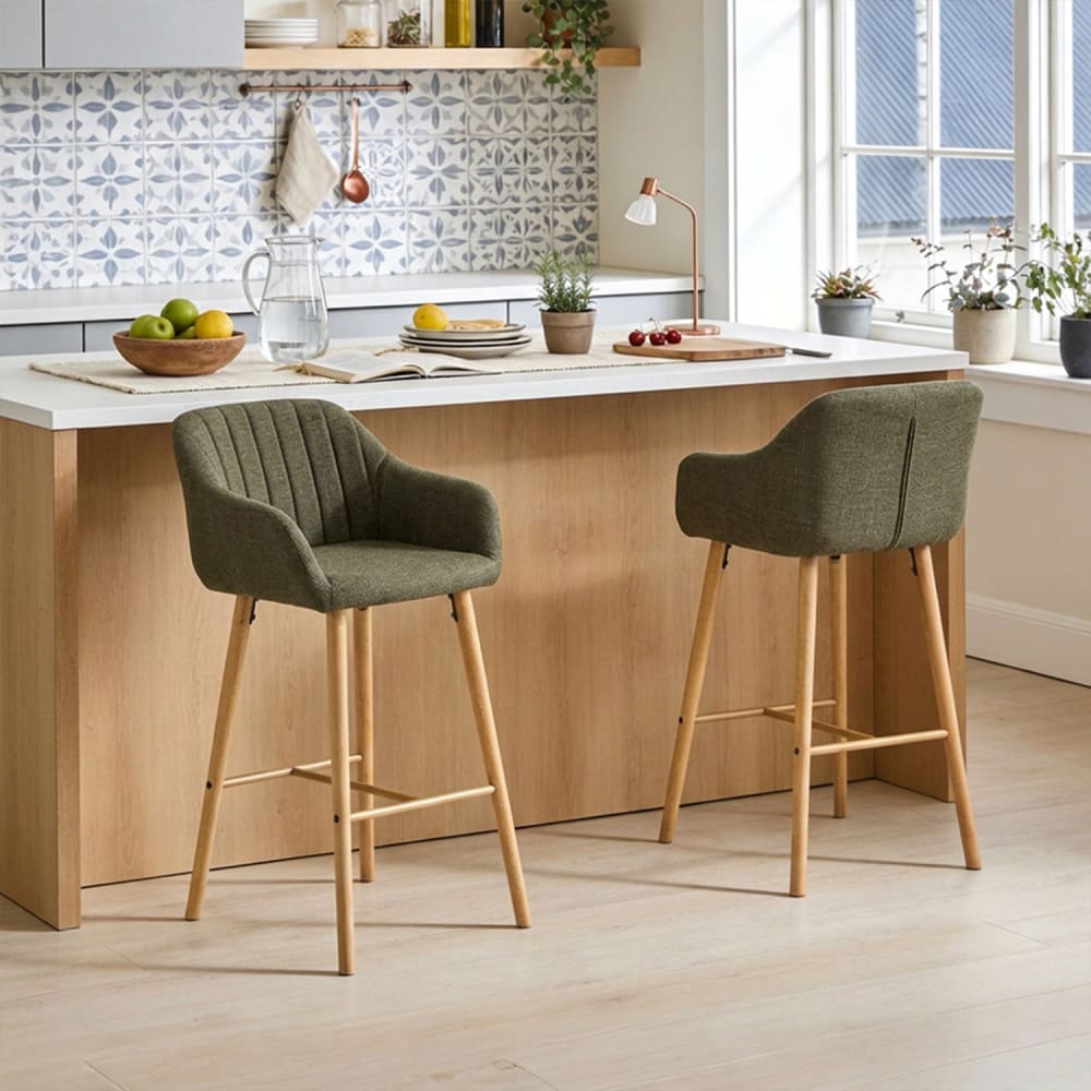 Lot de 2 chaises de bar, siège 75 cm, pieds bois massif, vert Lot de 2 chaises de bar, siège 75 cm, pieds bois massif, vert
