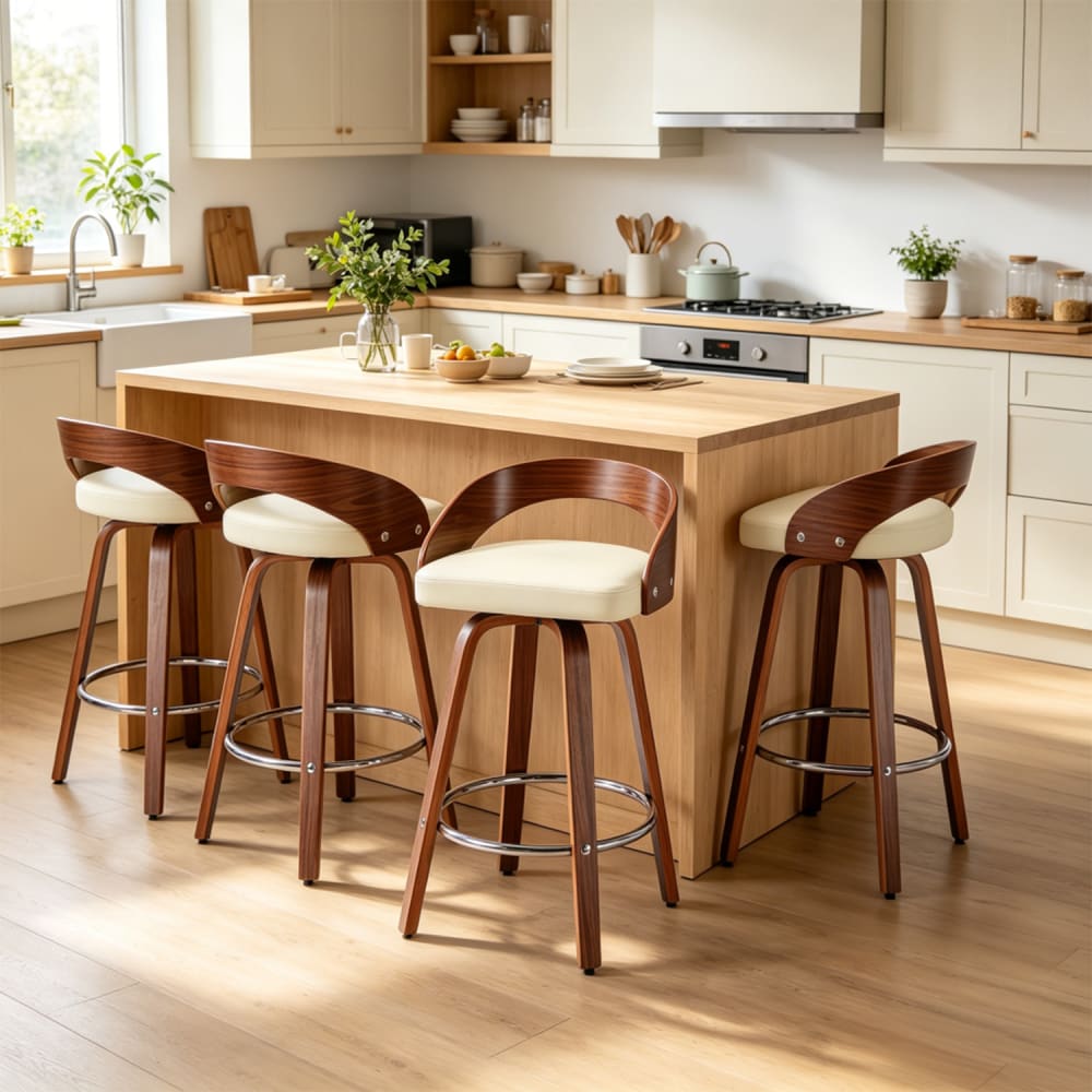 4er-Set Barhocker drehbar, Sitzhöhe 63 cm, Massivholzbeine, beige