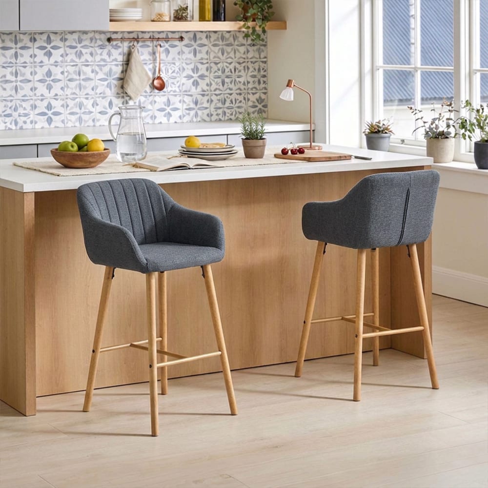 Lot de 2 chaises de bar, siège 75 cm, pieds bois massif, gris Lot de 2 chaises de bar, siège 75 cm, pieds bois massif, gris