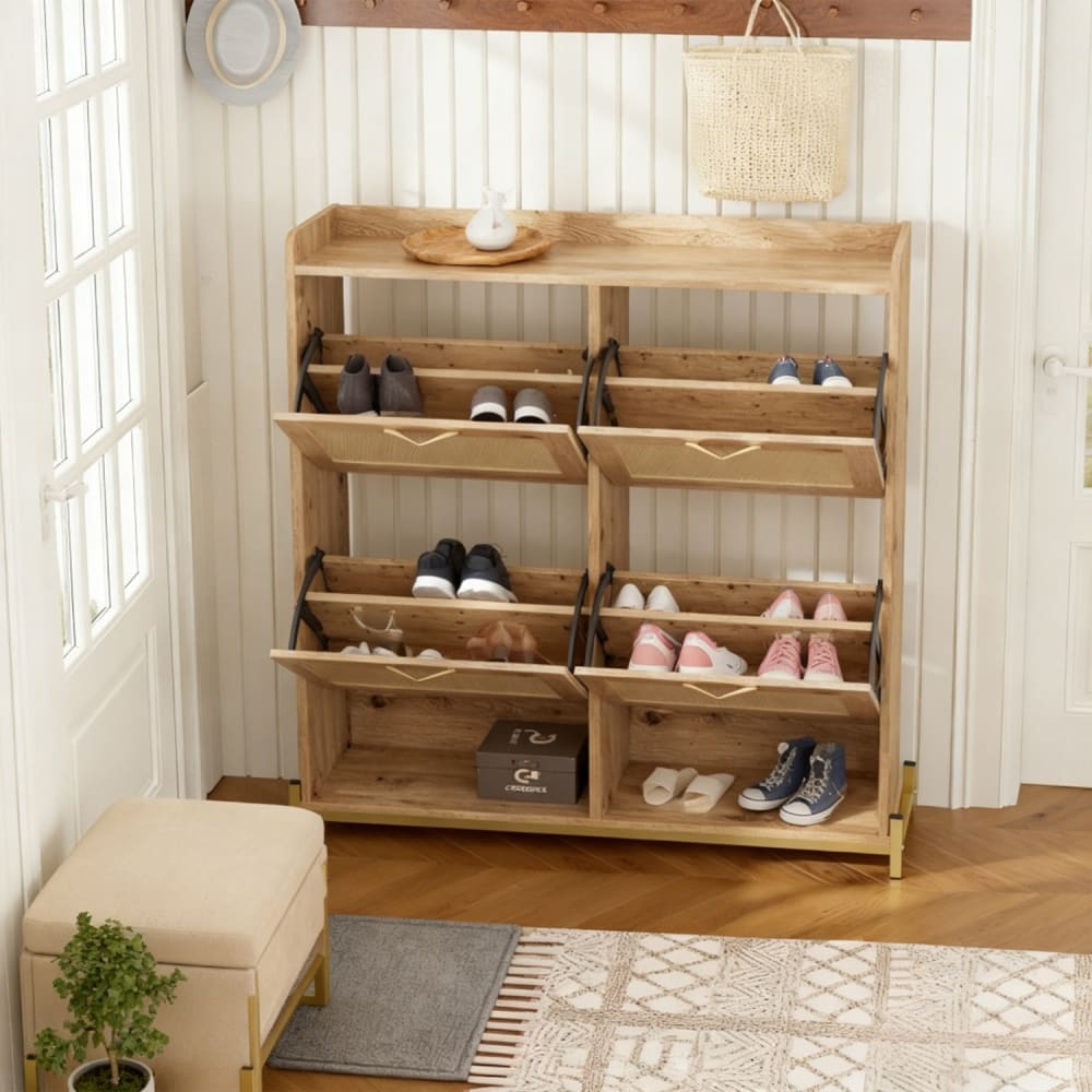 Schuhschrank 3 Ebenen helles Eichenholz mit Klapptüren - Maisons