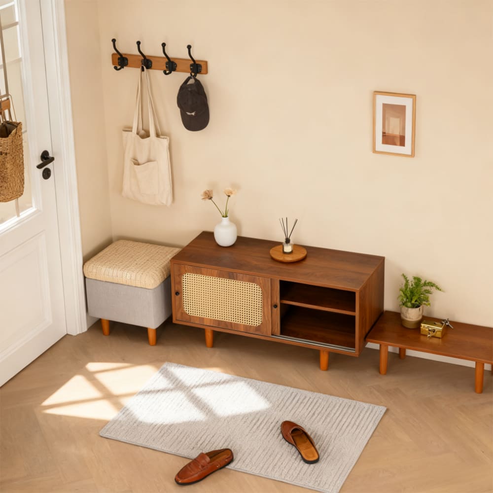 Niedriger Schuhschrank braunes Holz, Rattan-Schiebetüren, 2