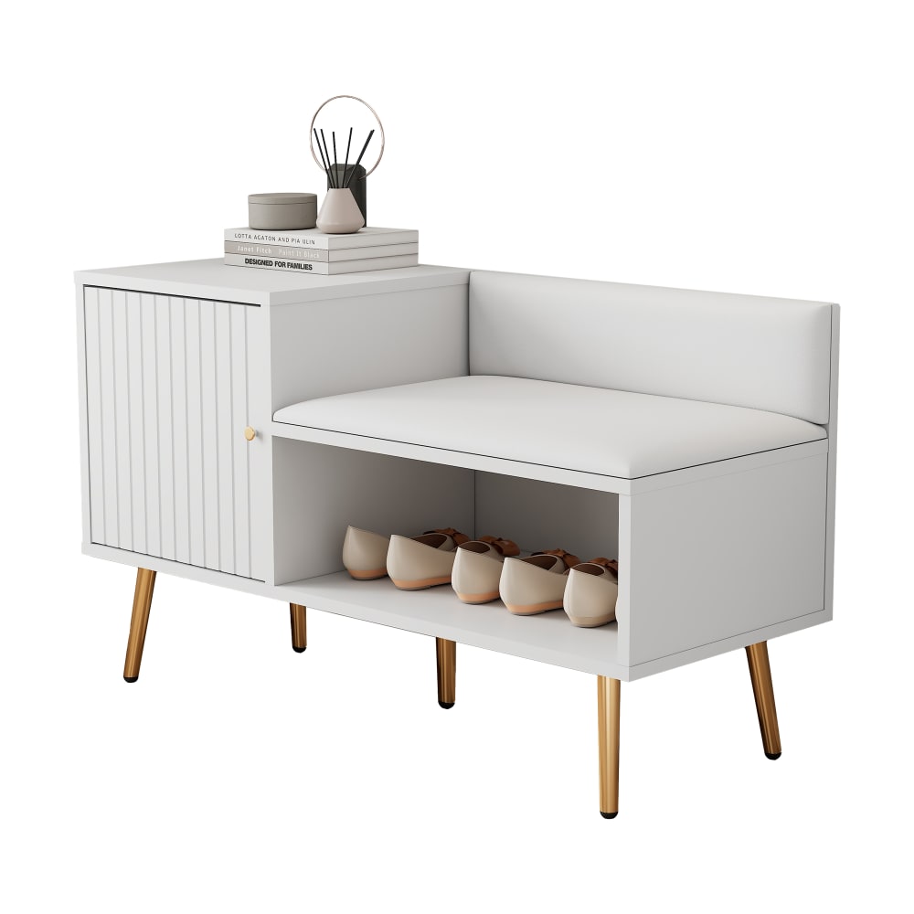 Meuble chaussures blanc, assise coussin, porte rangement Meuble chaussures blanc, assise coussin, porte rangement