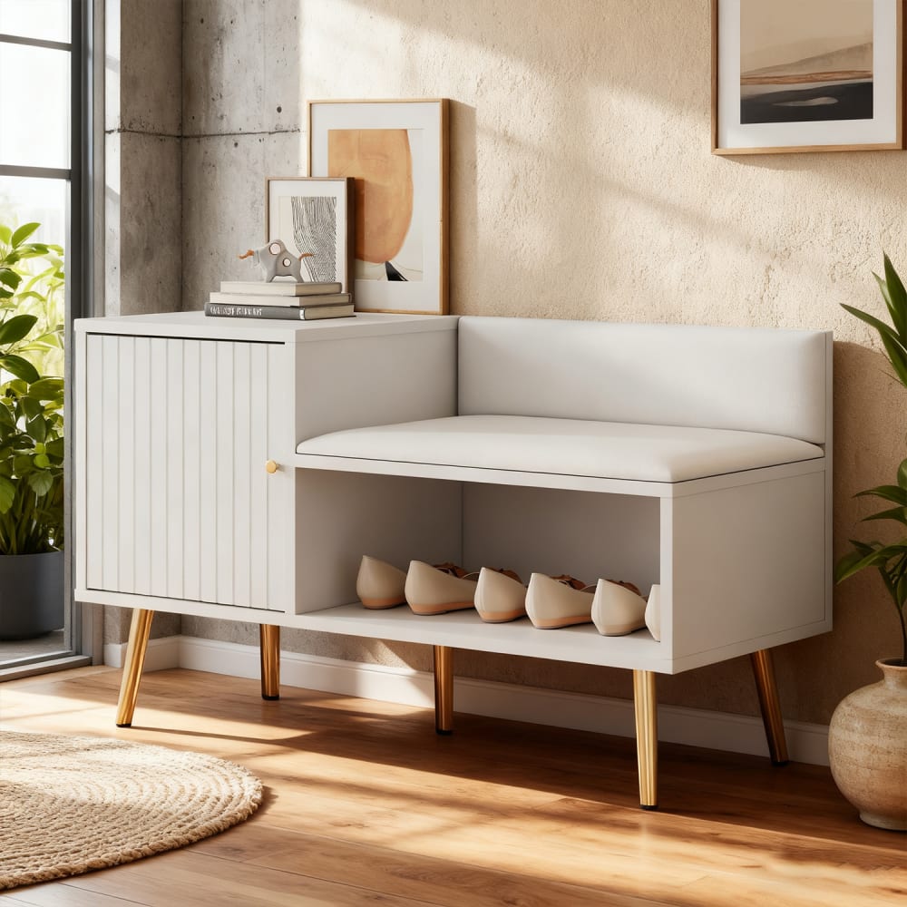 Weißer Schuhschrank mit Polstersitz und Staufach - Maisons Du