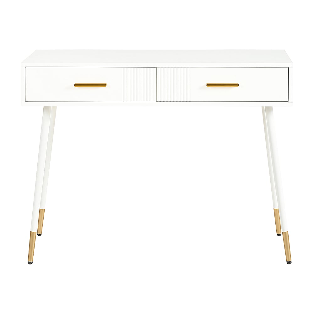 Coiffeuse blanche bois métal, 2 tiroirs, pieds dorés, design min Coiffeuse blanche bois métal, 2 tiroirs, pieds dorés, design min