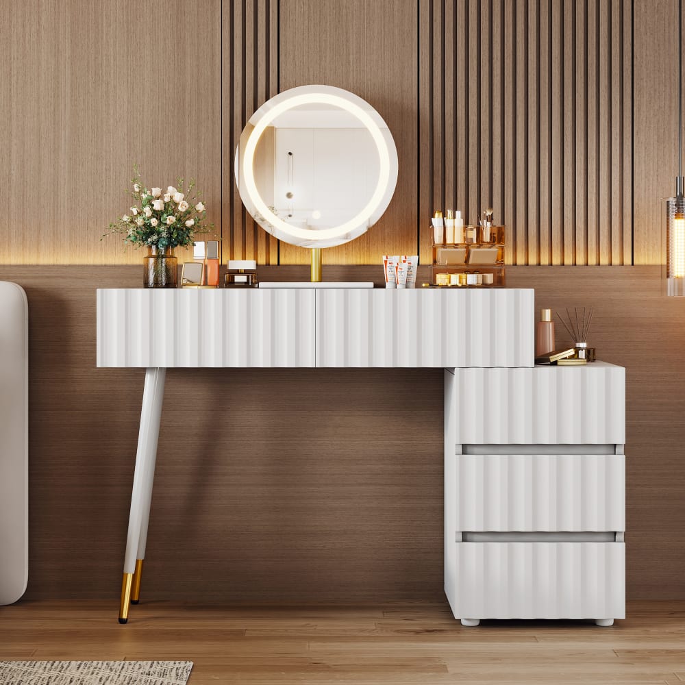 Meubles Cosy Weißer Schminktisch, rundes LED-Spiegel, 4 Schubladen, Wellendesign Weiß Holz