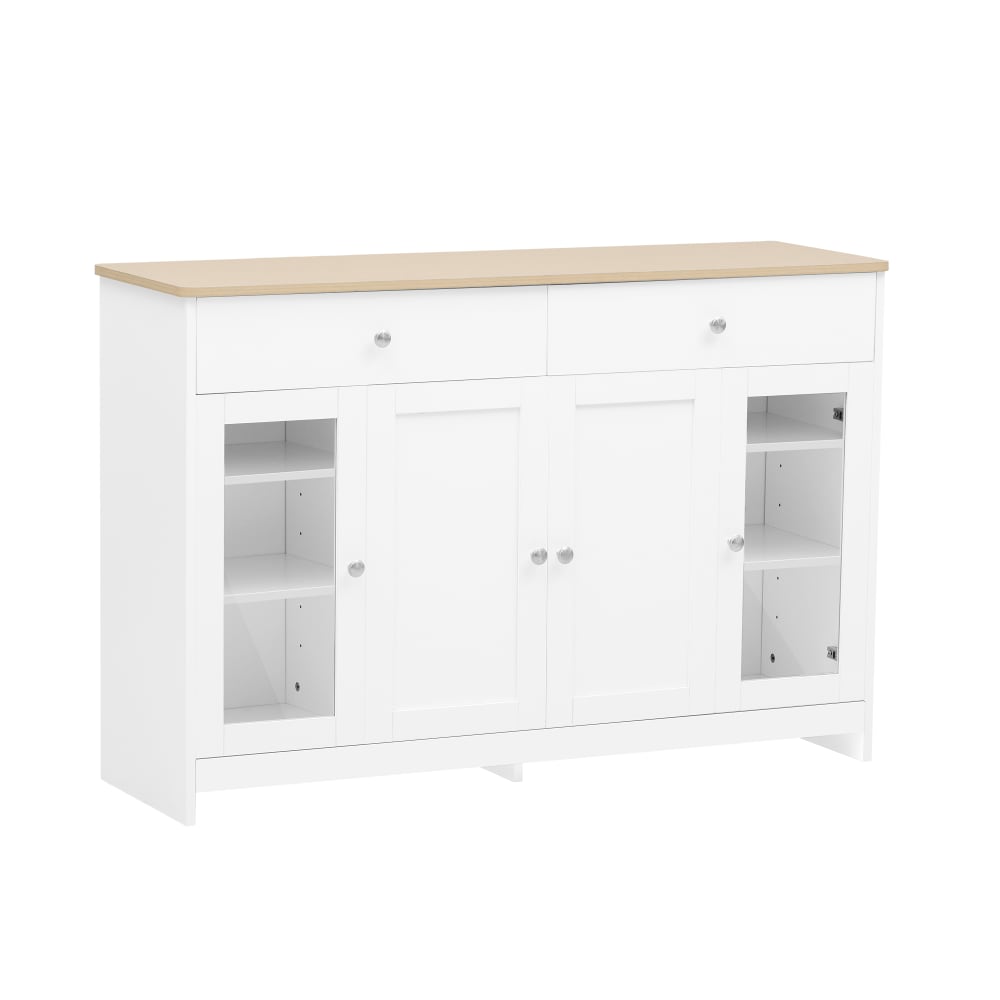 Buffet rangement bois blanc et chêne clair, 2 tiroirs, 3 portes
