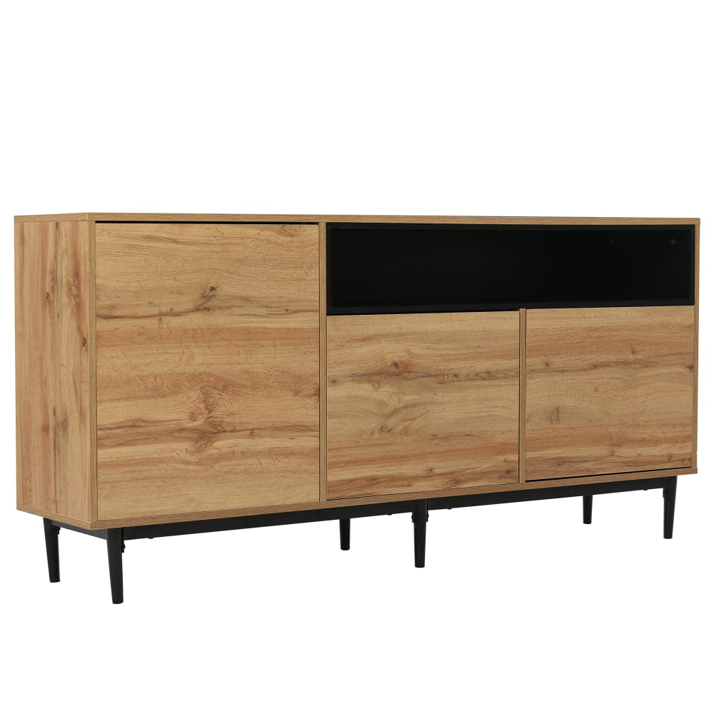 Buffet rectangulaire chêne clair, pieds noir, 3 portes, 1 niche
