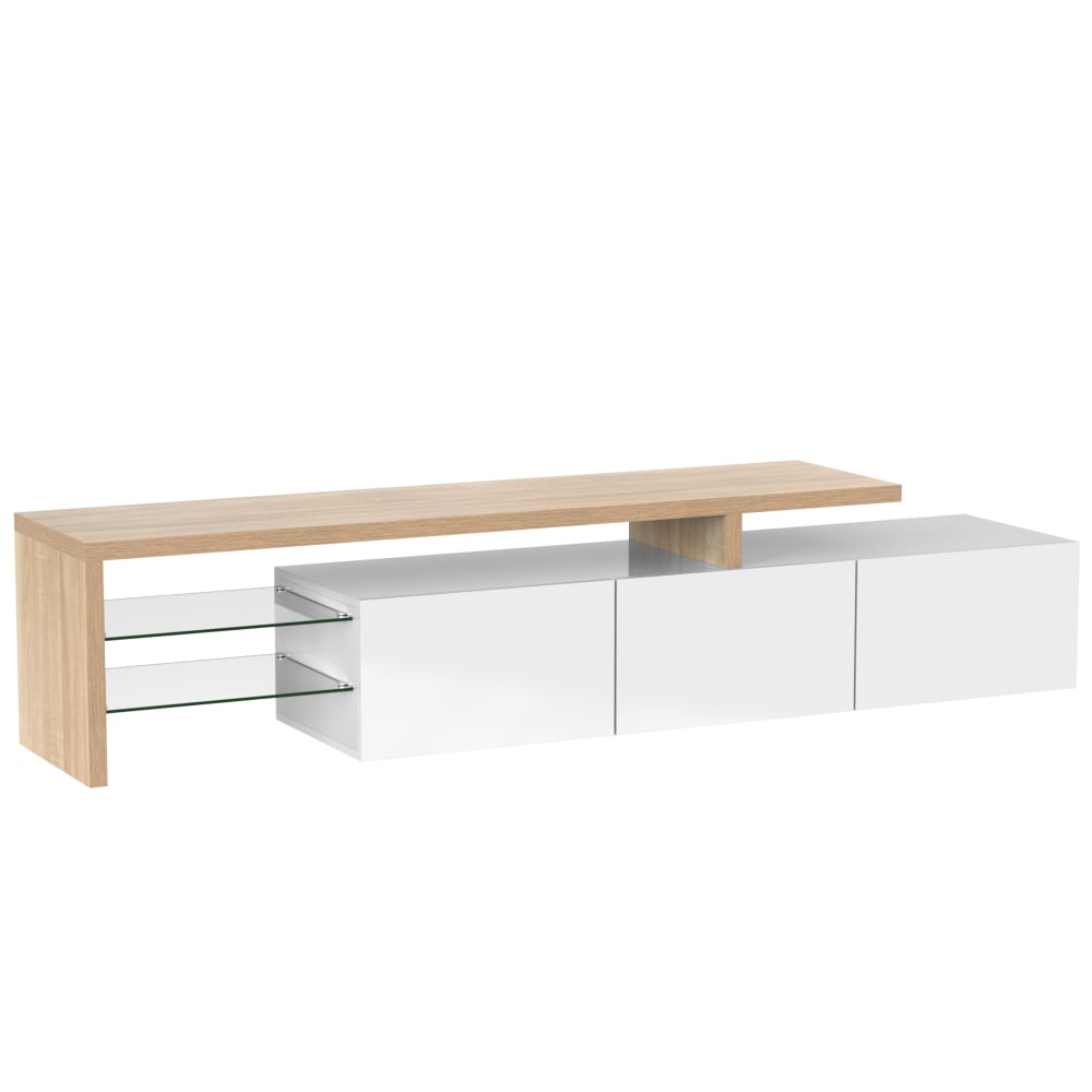 Meuble tv bois et blanc laqué, rangements, portes et étagères Meuble tv bois et blanc laqué, rangements, portes et étagères