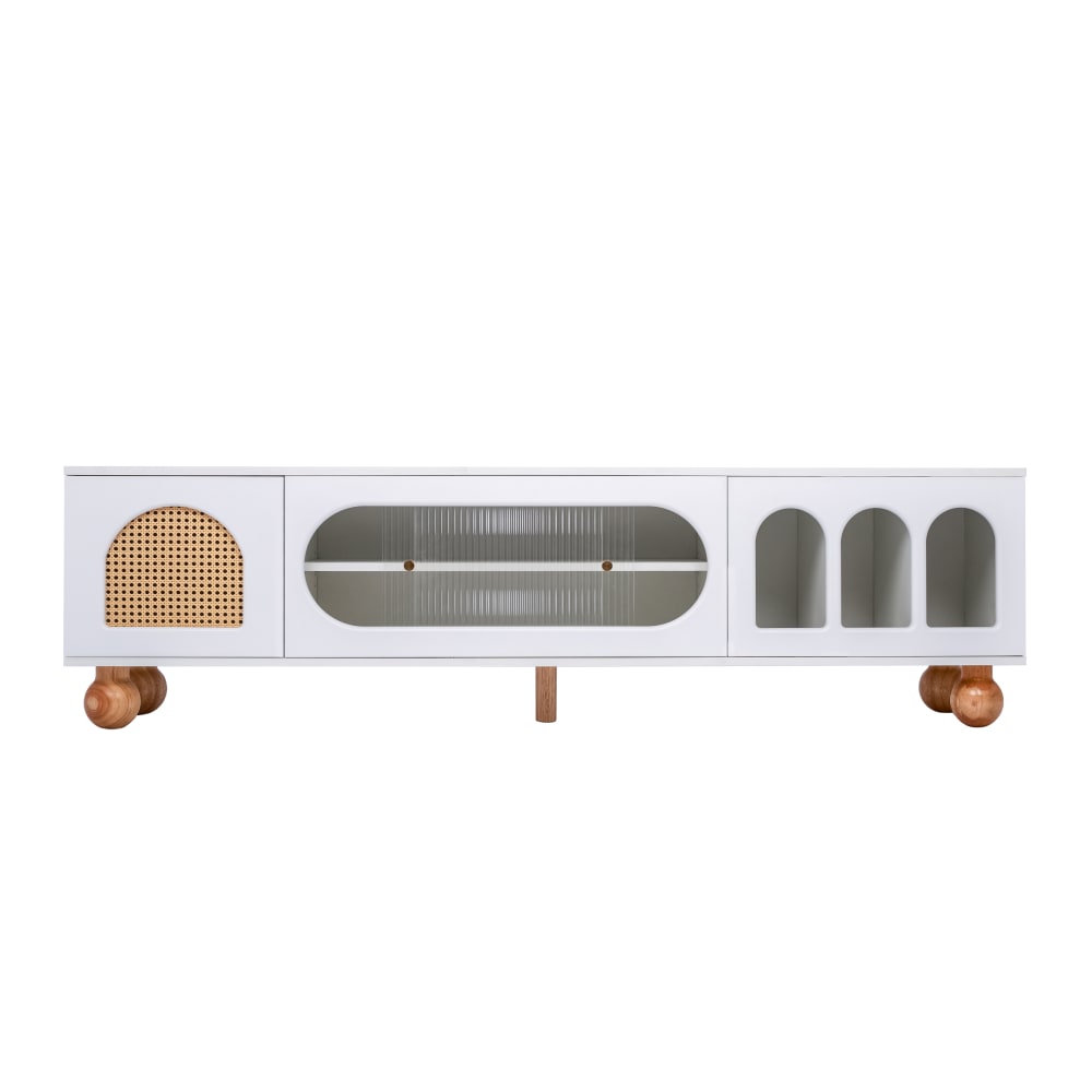 Meuble tv portes imitation rotin, coulissante verre, pieds bois Meuble tv portes imitation rotin, coulissante verre, pieds bois