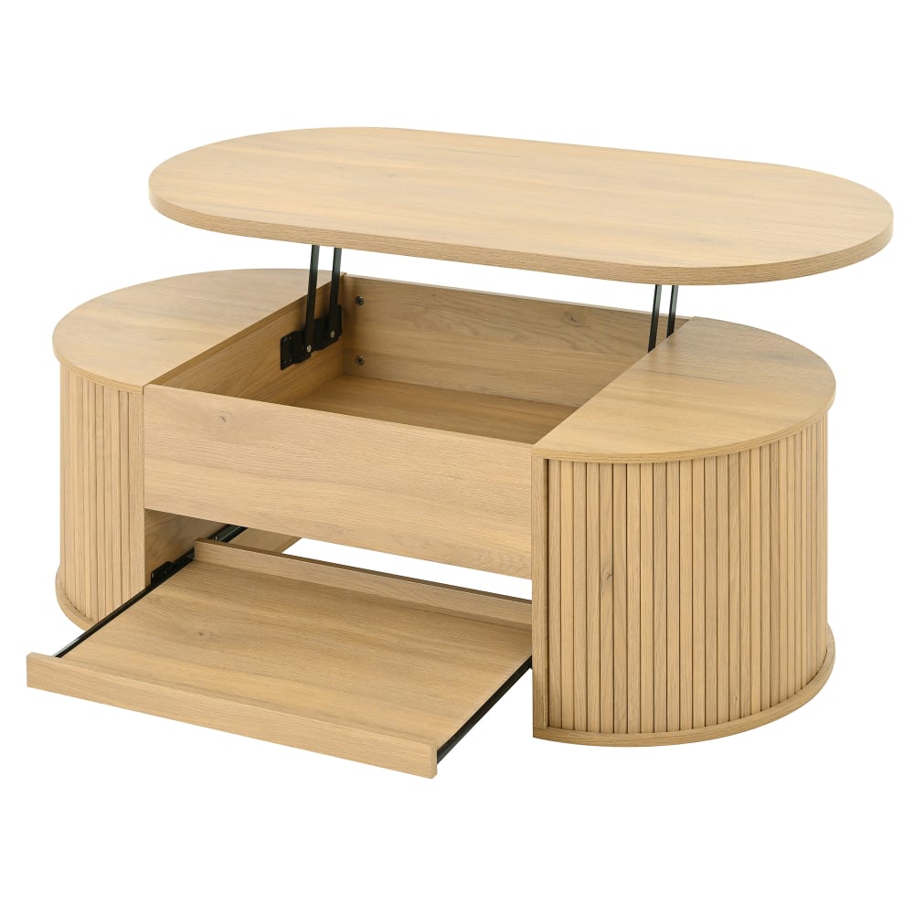 Table basse de salon avec plateau relevable et rangement, chêne