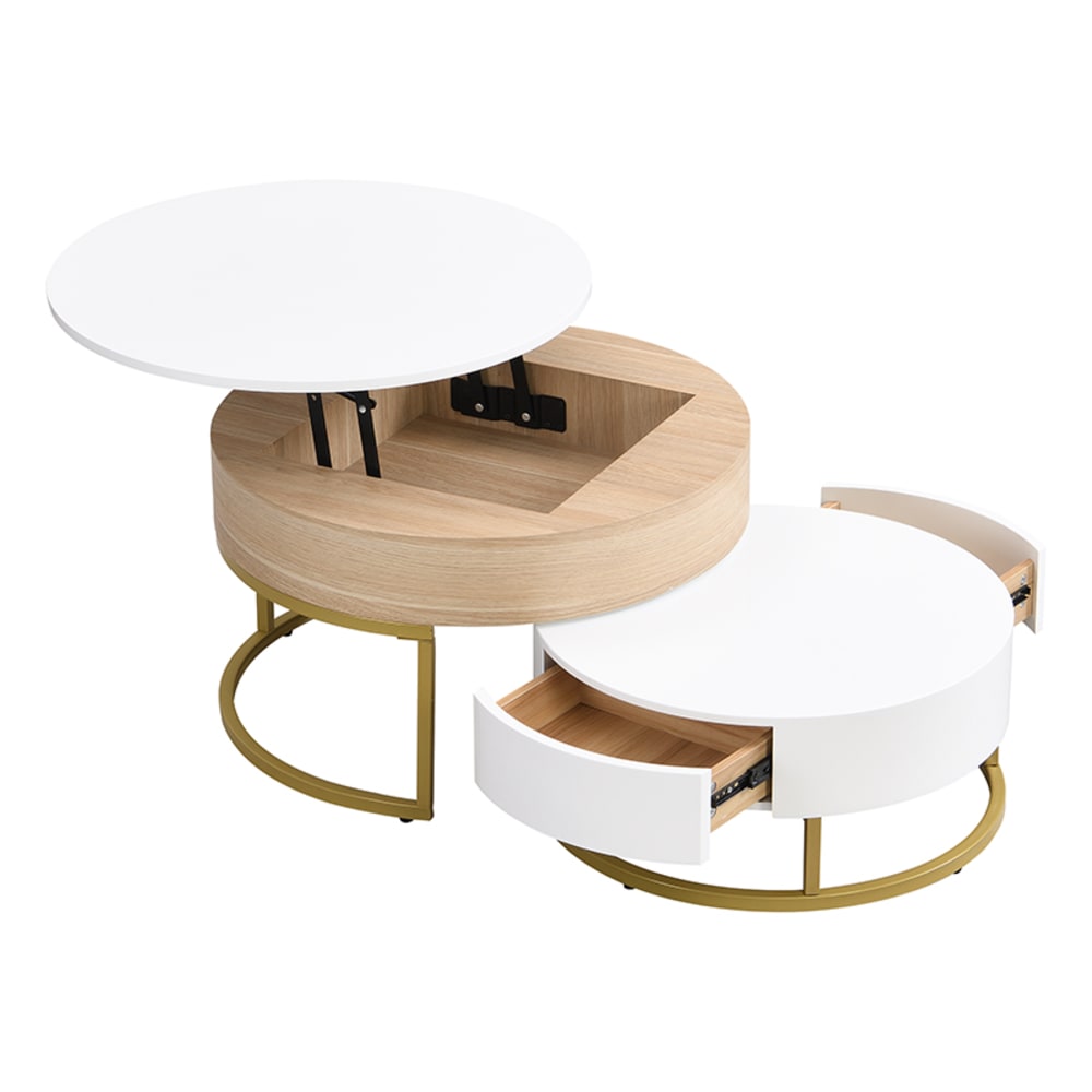 Table basse ronde bois et blanc, plateau relevable, tiroir métal Table basse ronde bois et blanc, plateau relevable, tiroir métal