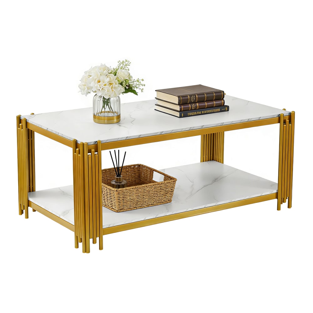 Table basse 2 niveaux effet marbré, bois d'ingénierie, blanc + doré Table basse 2 niveaux effet marbré, bois d'ingénierie, blanc + doré