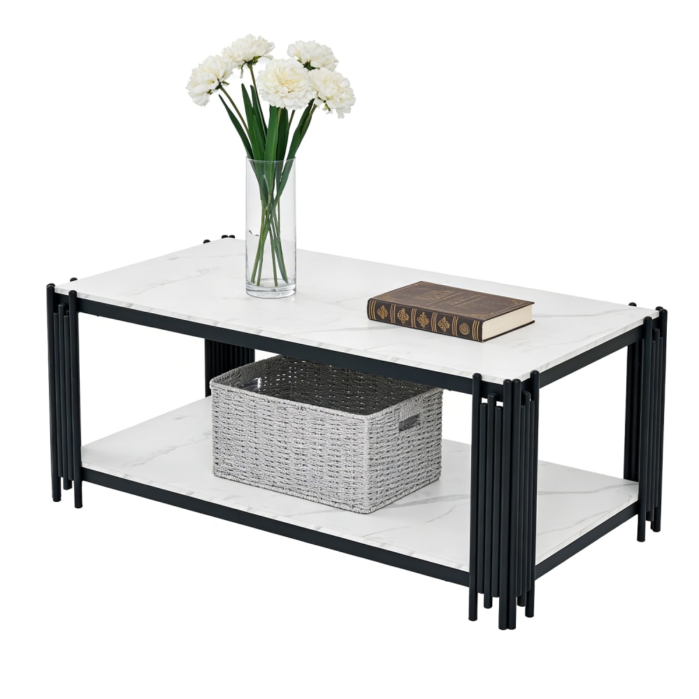 Table basse 2 niveaux effet marbré, bois d'ingénierie, blanc + noir Table basse 2 niveaux effet marbré, bois d'ingénierie, blanc + noir