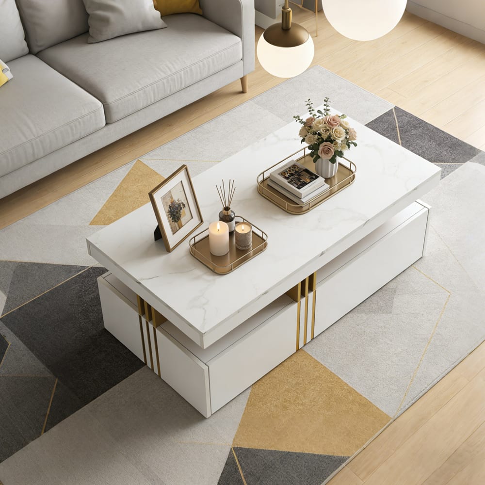 Table basse de salon avec tiroirs et espace de rangement, blanc