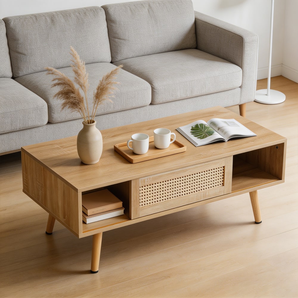 Table basse de salon avec rangement, bois d'ingénierie et rotin