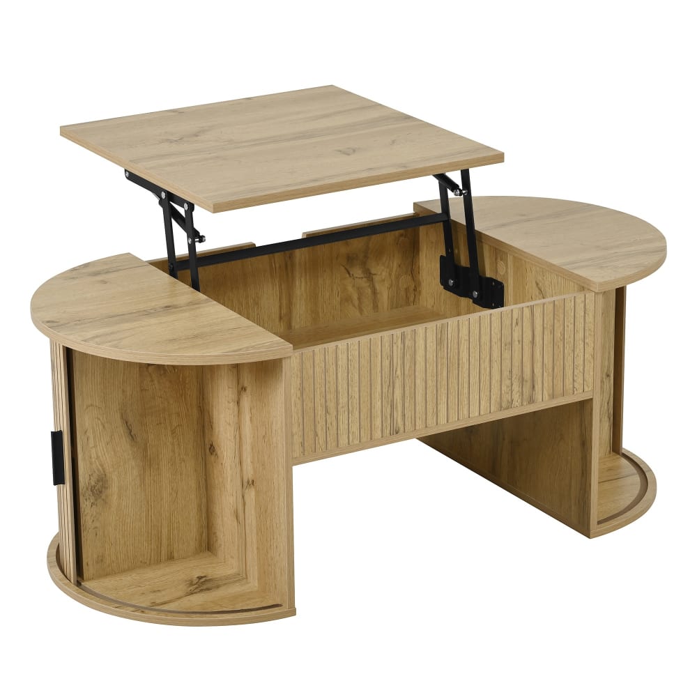 Table basse de salon ovale avec plateau relevable et rangement, chêne Table basse de salon ovale avec plateau relevable et rangement, chêne