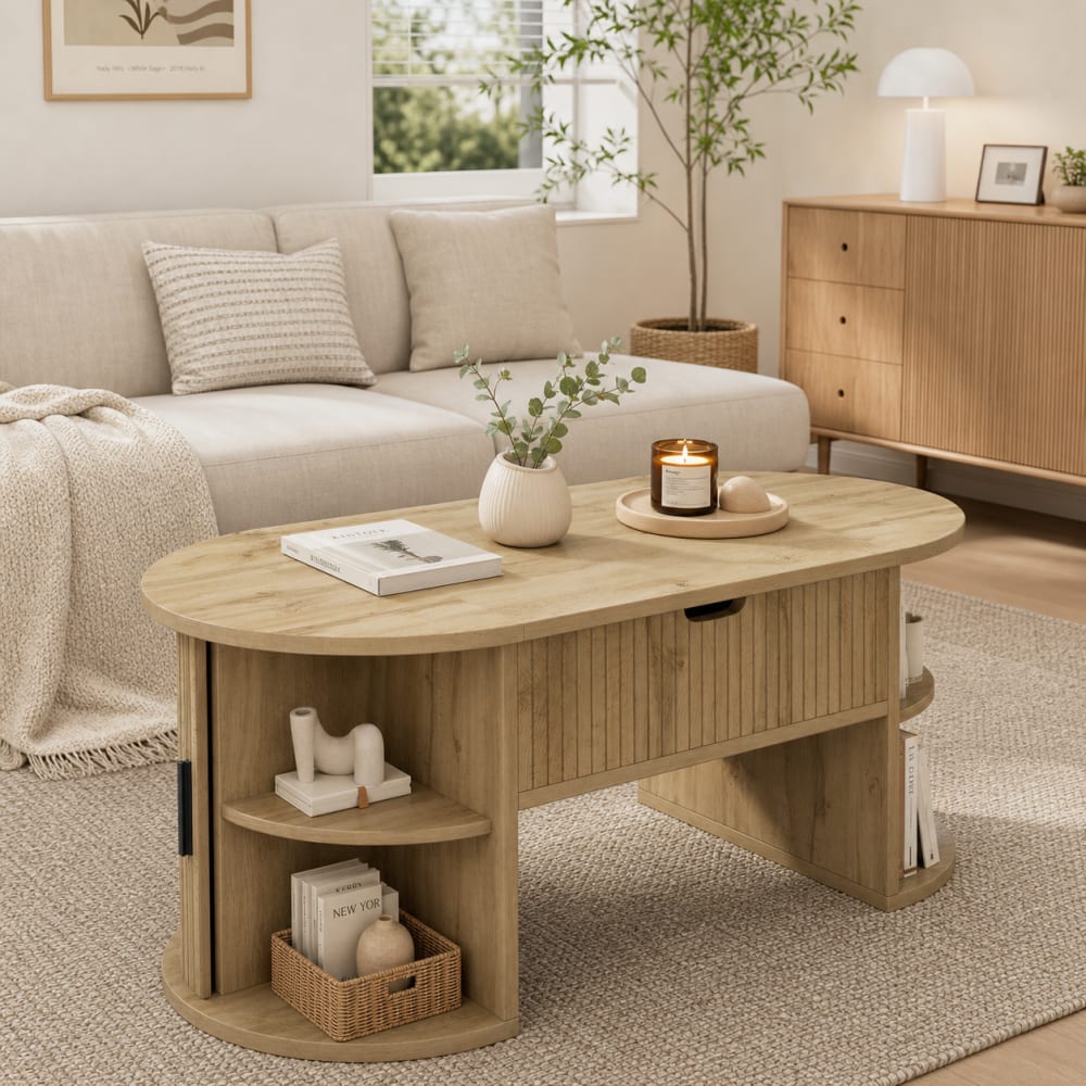 Couchtisch oval mit aufklappbarer Platte und Stauraum, Eiche -
