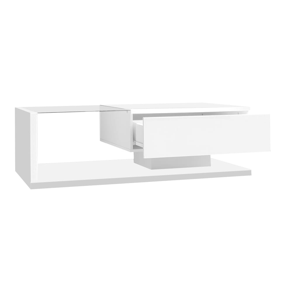 Table basse rectangulaire bois blanc laqué, tiroir rangement Table basse rectangulaire bois blanc laqué, tiroir rangement