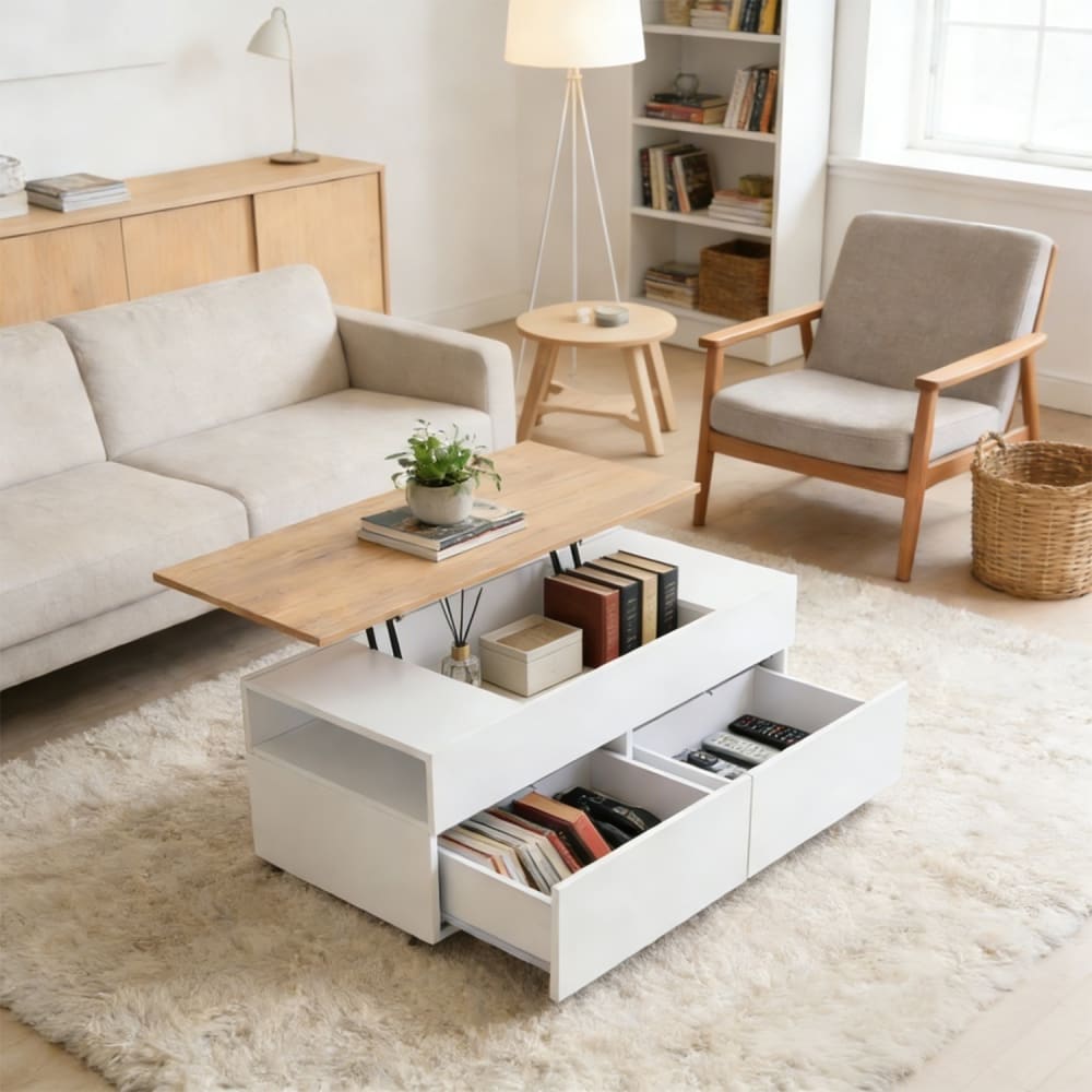 Couchtisch mit aufklappbarer Platte und Stauraum-Schubladen -