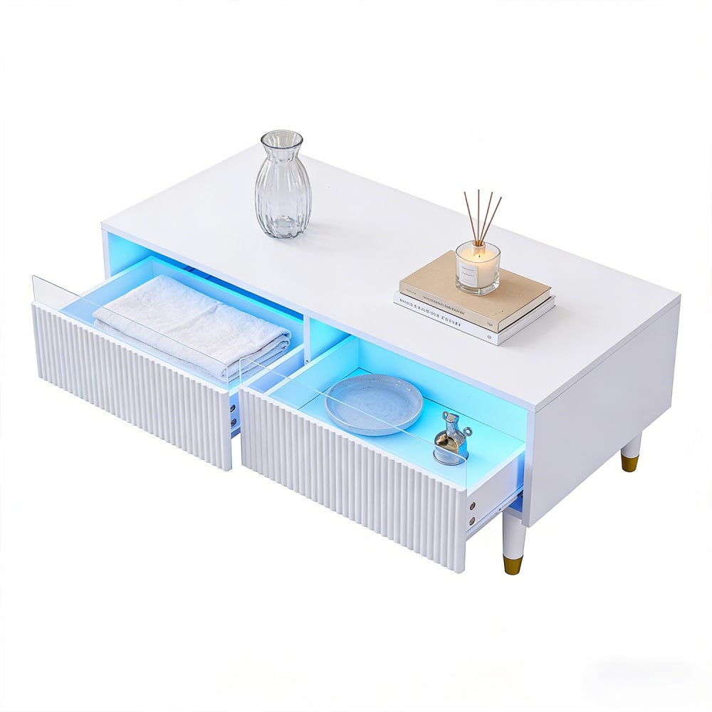 Meubles Cosy Couchtisch mit Schubladen und LED-Beleuchtung, weiß - Holz