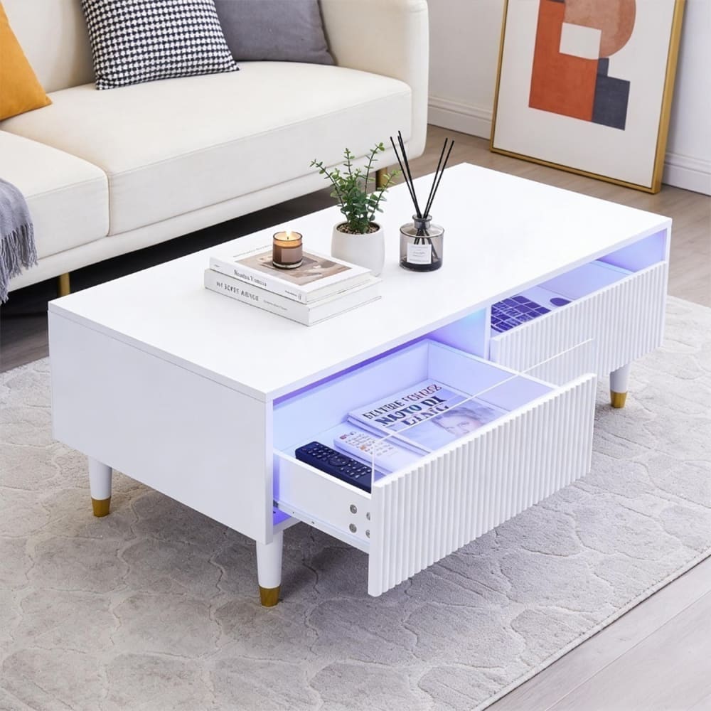 Couchtisch mit Schubladen und LED-Beleuchtung, weiß - Maisons Du