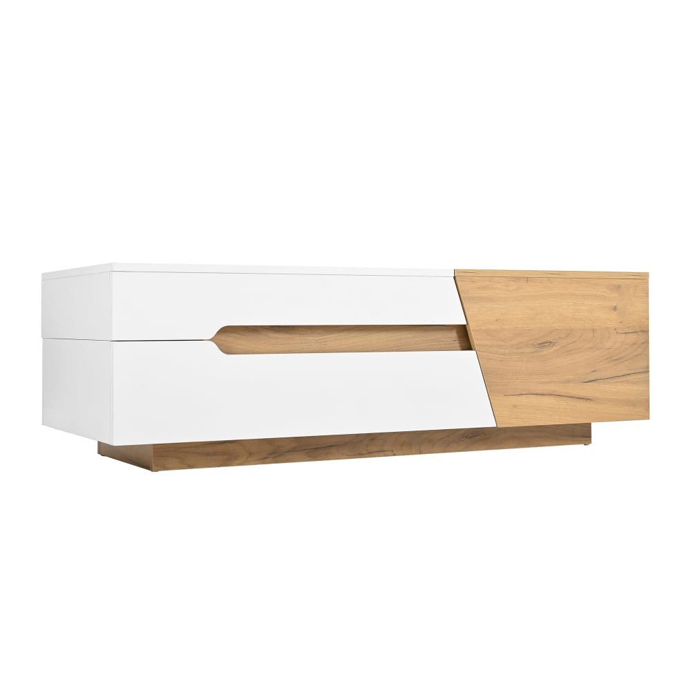 Table basse rectangulaire bois et blanc, rangement coulissant, tiroirs Table basse rectangulaire bois et blanc, rangement coulissant, tiroirs
