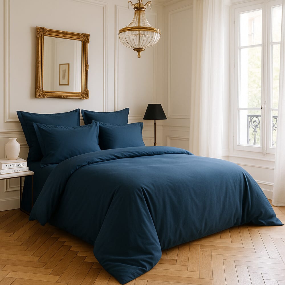 Housse de couette en satin de coton uni bleu marine 140x200 cm