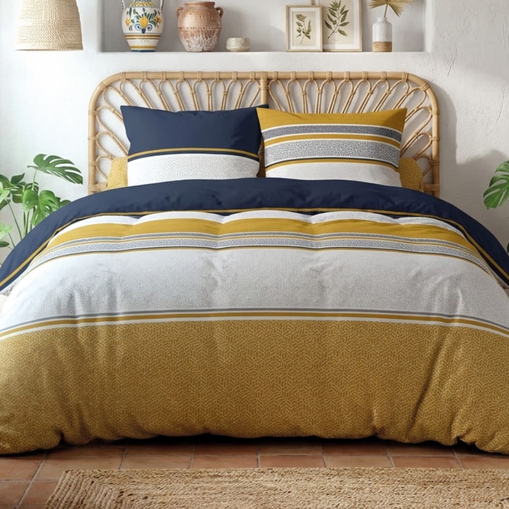 Parure de lit imprimée graphique + 2 taies en coton 240x220 cm
