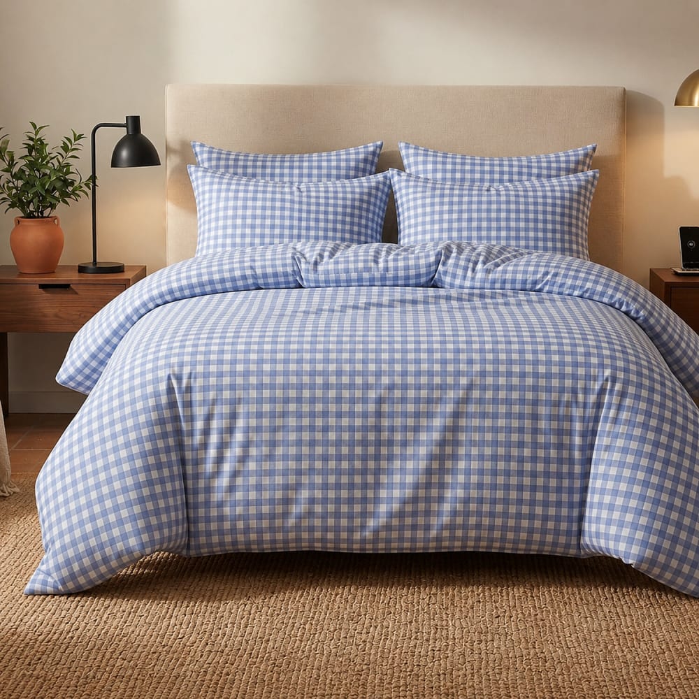 Parure de lit imprimée vichy bleu + 2 taies en coton 240x220 cm
