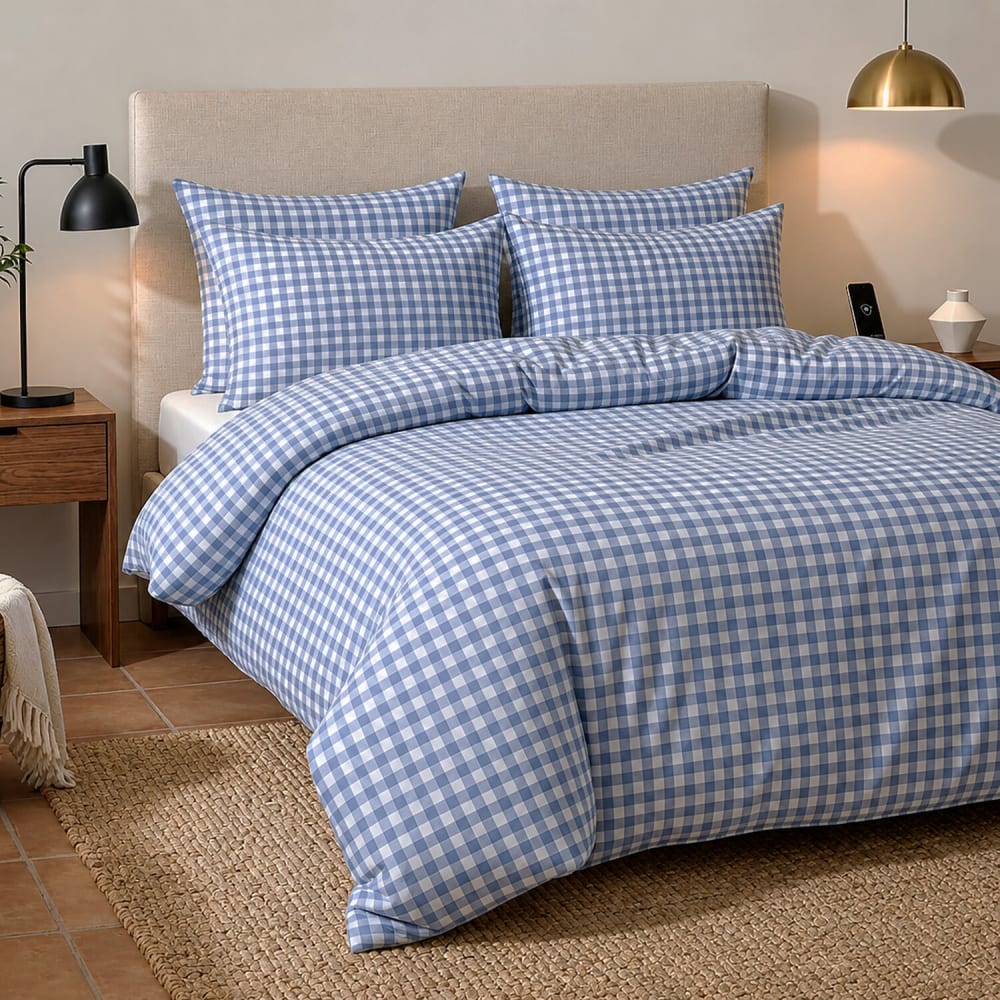 Parure de lit imprimée vichy bleu + 2 taies en coton 240x220 cm — vue 3