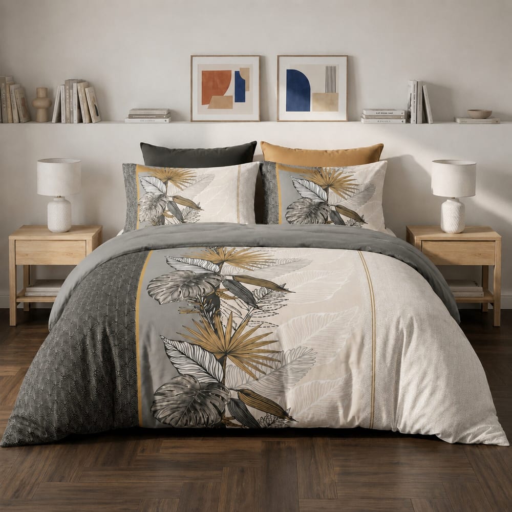 Parure de lit coton tropical feuillage gris doré + 2 taies 260x240 cm Parure de lit coton tropical feuillage gris doré + 2 taies 260x240 cm