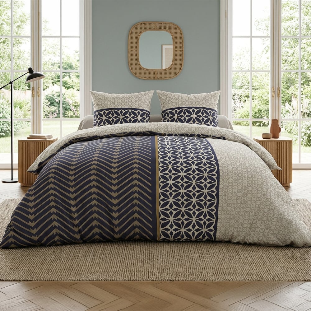 Parure de lit en coton art déco bleu et beige + 2 taies 240x220 cm