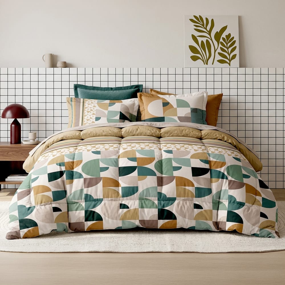 Parure de lit coton motif géo rétro vert et camel + 2 taies 260x240 cm
